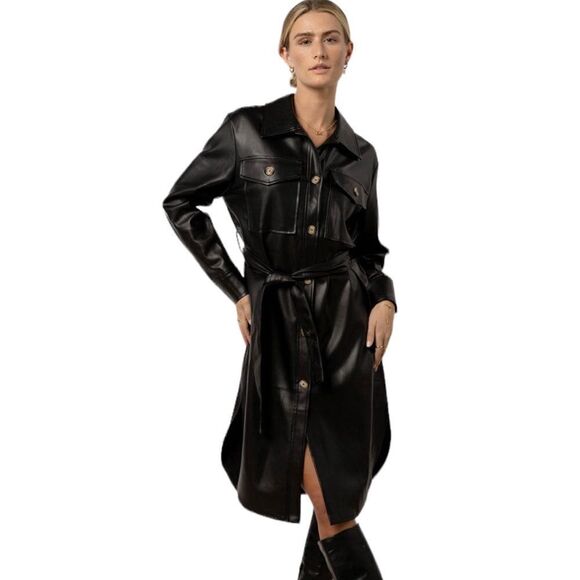 Bohme Black Vegan Leather Button Front Corpcore Goth Fall Midi Dress Jacket - Picture 5 of 13
